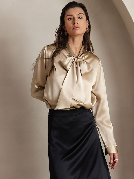 Heidi-Mode | Damen Elegante Seidenbluse mit Schlipskragen und Langen Ärmeln