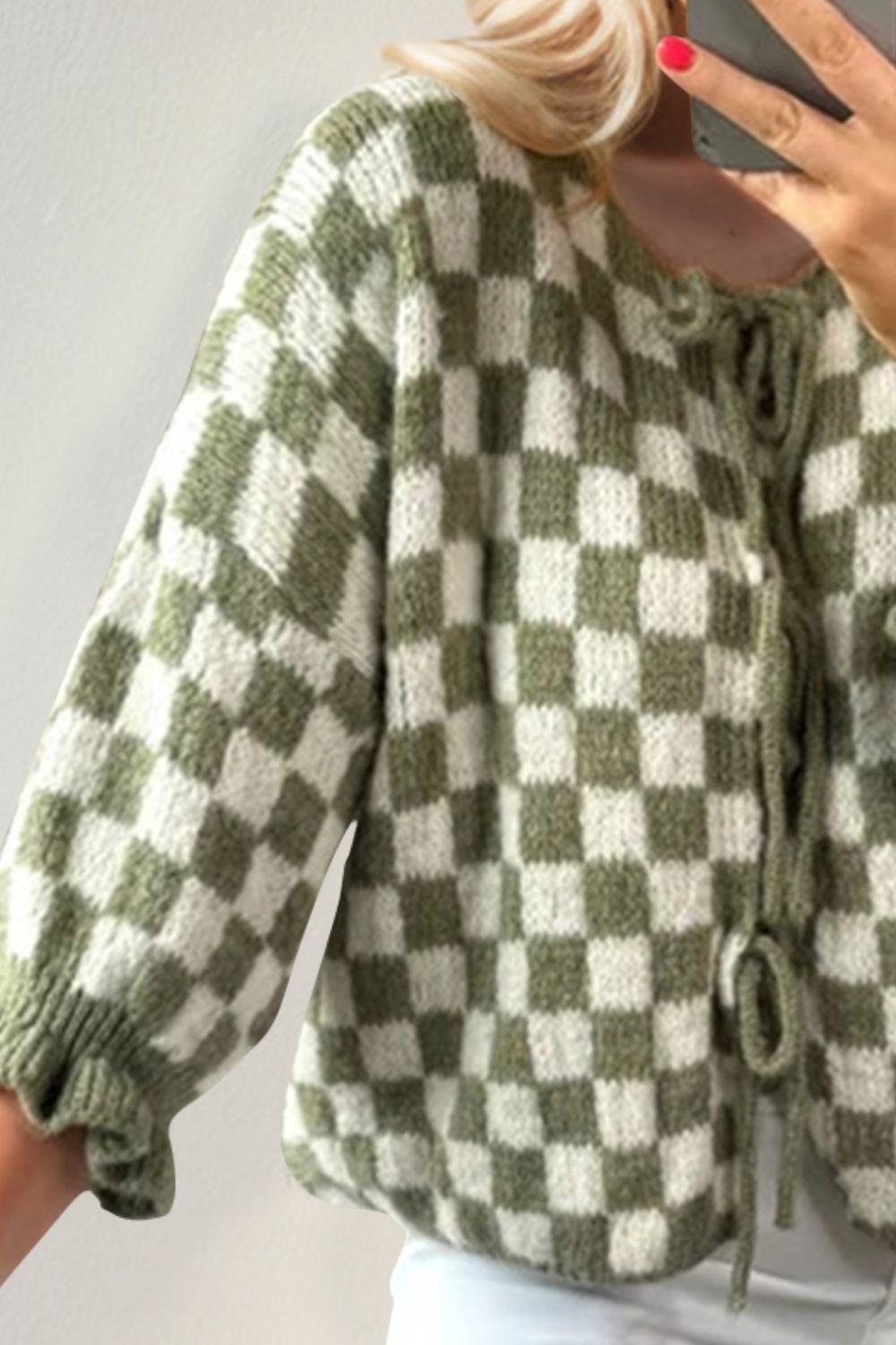 Heidi-Mode | Double Take Gebunden Karierter Fall Schulter Volant Ärmel Strickjacke
