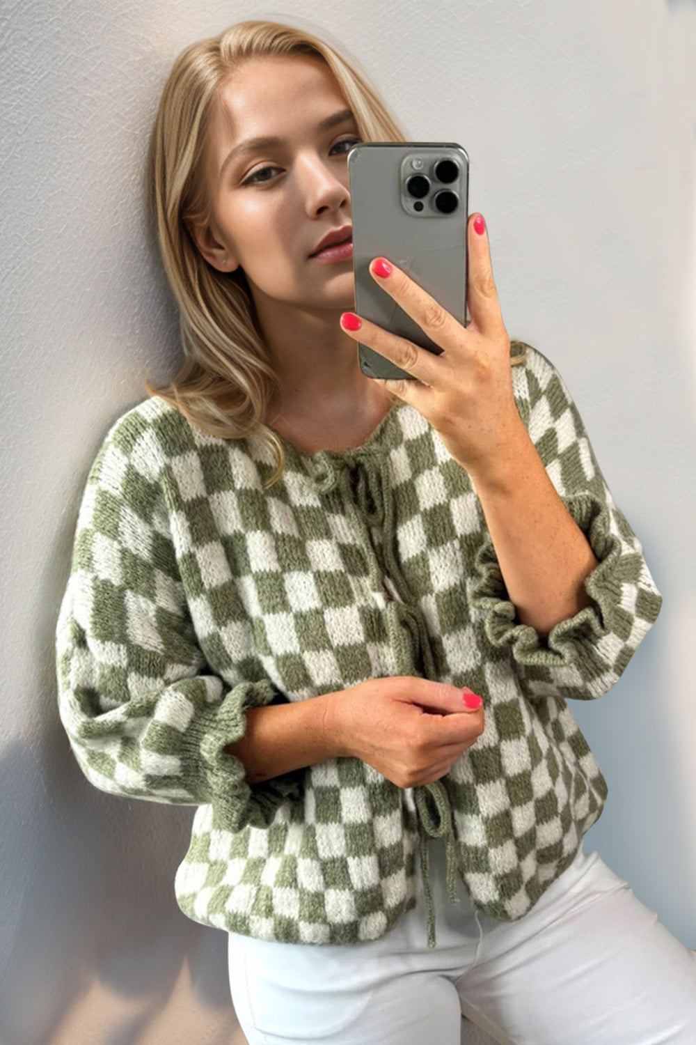 Heidi-Mode | Double Take Gebunden Karierter Fall Schulter Volant Ärmel Strickjacke