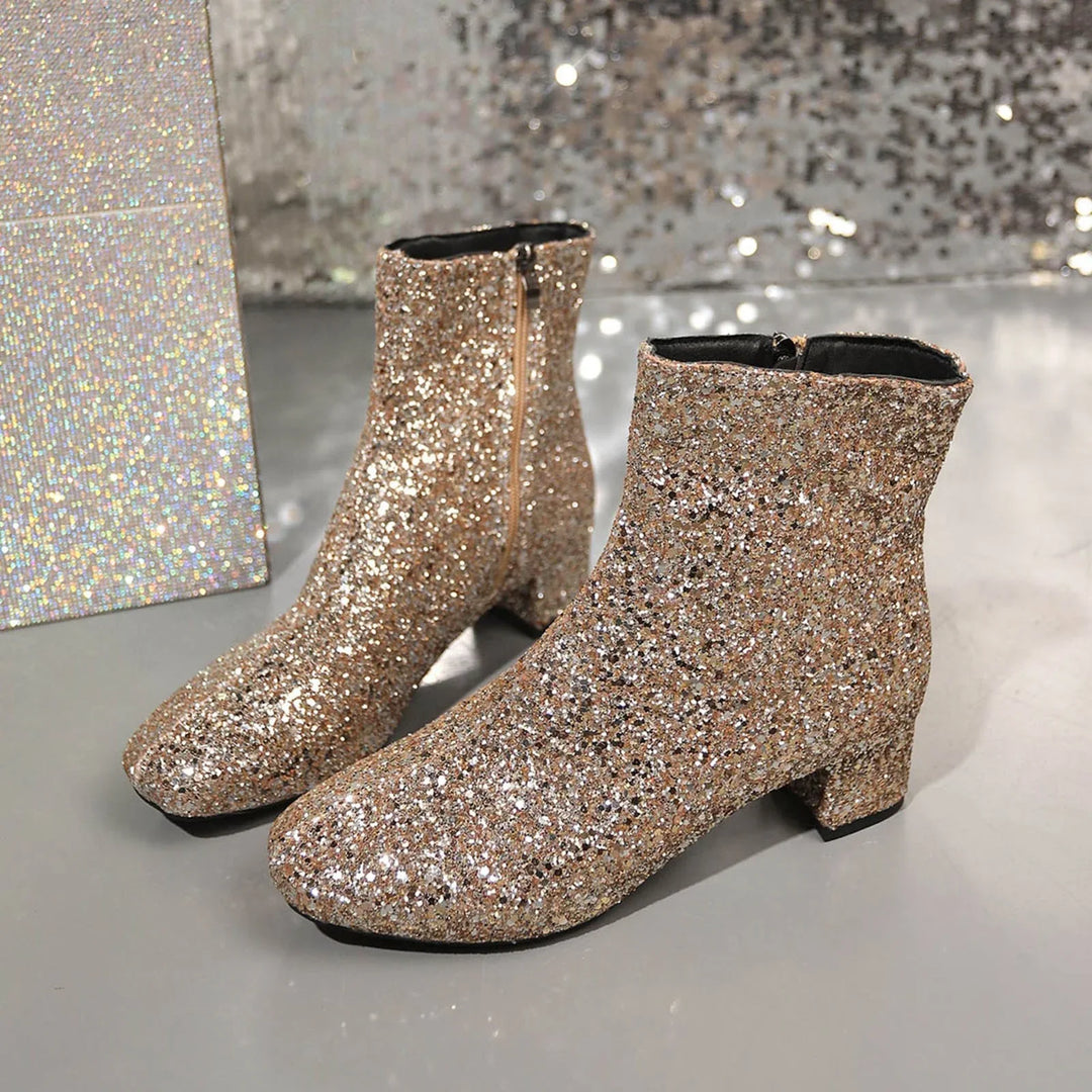 Heidi-Mode | Glitzernde Ankle Boots Mit Blockabsatz