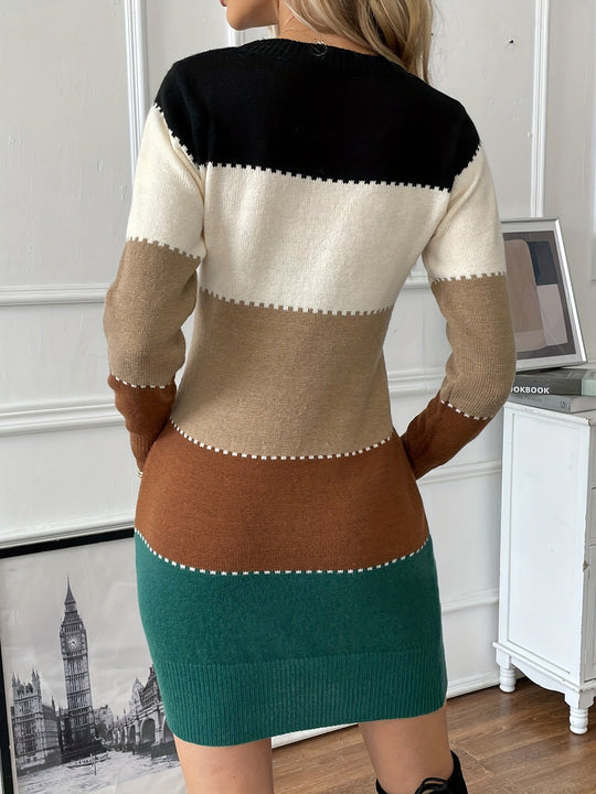 Heidi-Mode | Stilvolles Baumwollkleid mit Farbblock Design, Langen Ärmeln und Rundhalsausschnitt für Damen Ideal für Den Sommer
