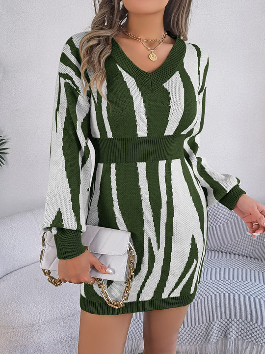 Heidi-Mode | Rüschen Druck V-Ausschnitt Langarm Pullover Kleid