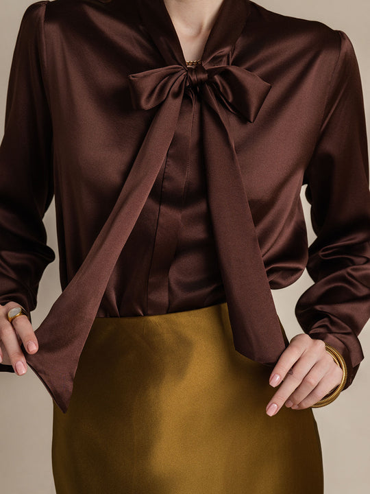 Heidi-Mode | Damen Elegante Seidenbluse mit Schlipskragen und Langen Ärmeln