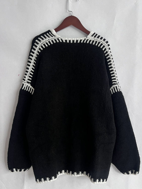 Heidi-Mode | Double Take Kontrast Offene Vorderseite Herunterfallende Schulter Strickjacke