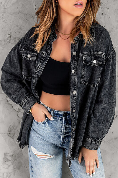 Heidi-Mode | Knöpfen Up Pocketed Raw Hem Denim Jacke