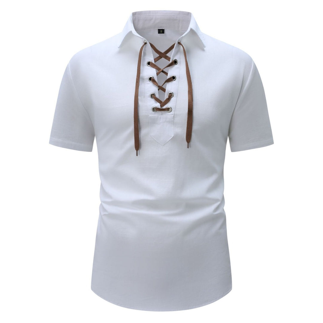 Heidi Mode | Leinen Revers Tether V-Ausschnitt Kurzarm-Shirt