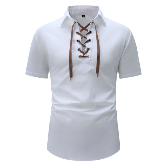 Heidi Mode | Leinen Revers Tether V-Ausschnitt Kurzarm-Shirt