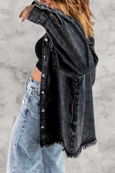 Heidi-Mode | Knöpfen Up Pocketed Raw Hem Denim Jacke