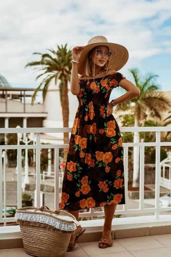 Heidi-Mode | Schulterfreie Boho Kleid mit Blumenmuster