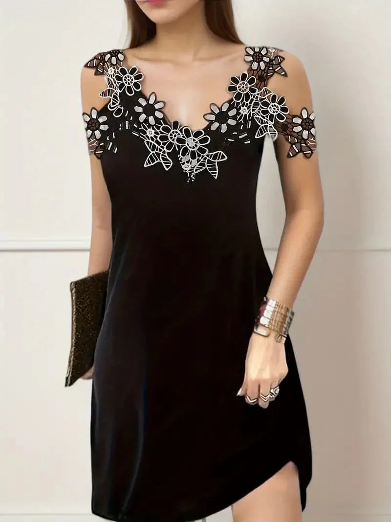 Heidi-Mode | Kleid V-Ausschnitt mit Spitzen Ärmellos Figurumspielend Kurz Eleganter Schnitt