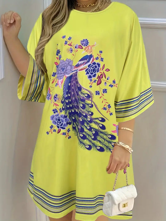 Heidi-Mode | Boho Kleid Pfauen Blumen Lässiges Kleid mit 3/4 Ärmeln für Frühling und Sommer