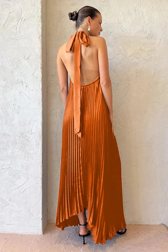 Heidi-Mode | Halter Tied Up Cutout Neck Pleated Backless Asymmetrischer Saum Hochzeitsgast Maxi Kleider