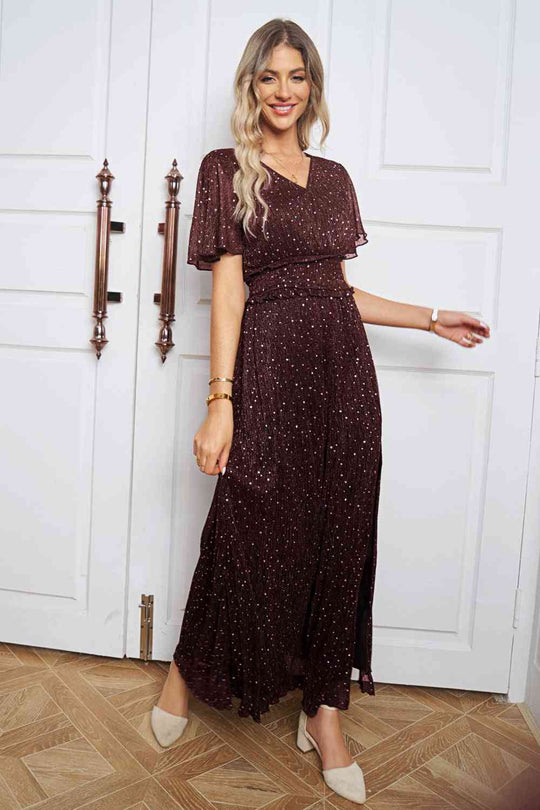 Heidi-Mode | V-Ausschnitt Hohe Spalte Glitzer Maxi Kleid