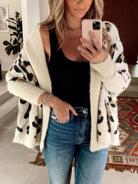 Heidi-Mode | Fledermausärmel Leopard Lockere Strickjacke