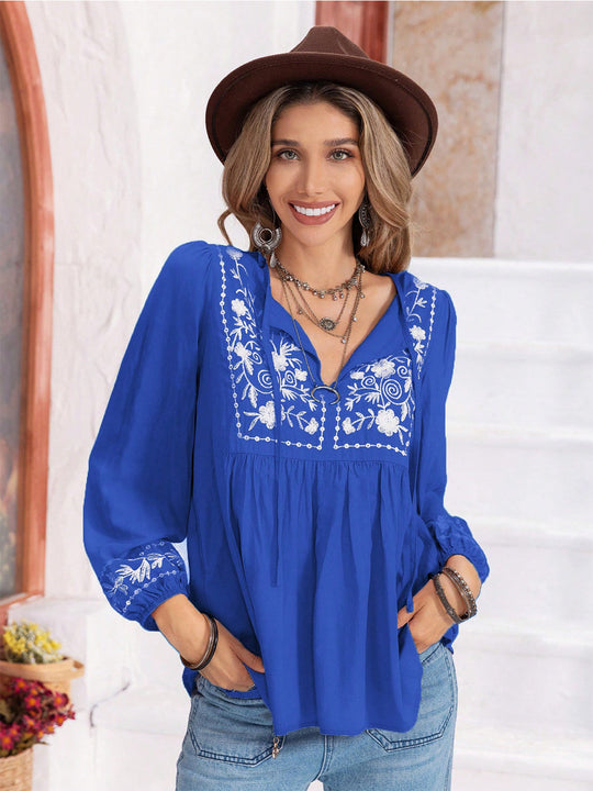 Heidi-Mode | Florale Bindekragen Bluse mit Ballonärmeln