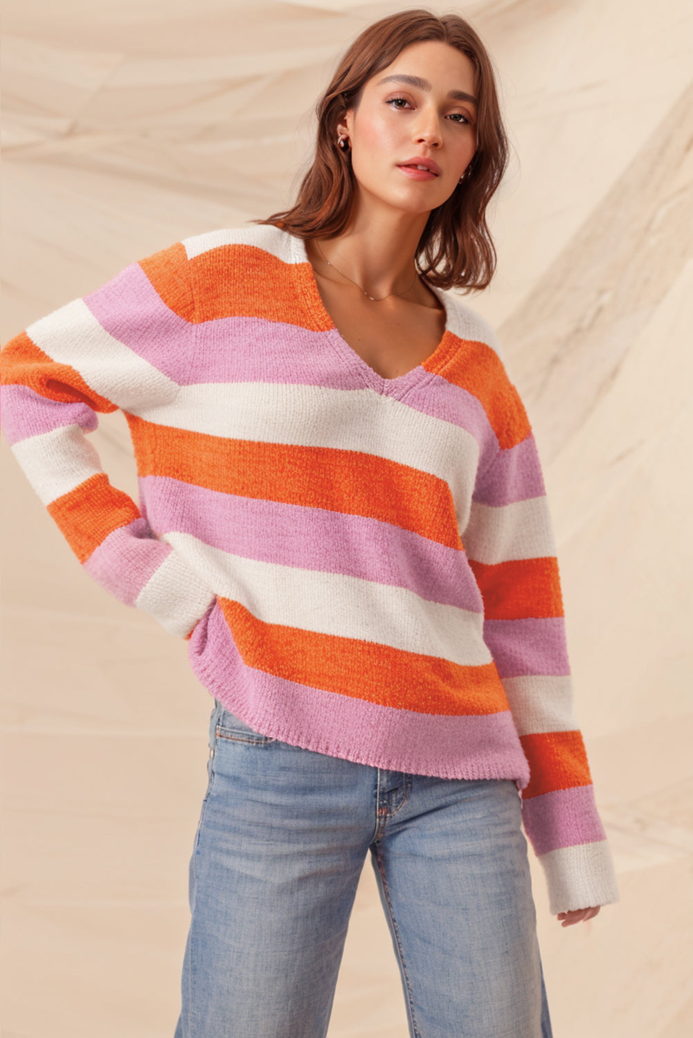 Gestreifter Colorblock V-Ausschnitt Freizeitpullover