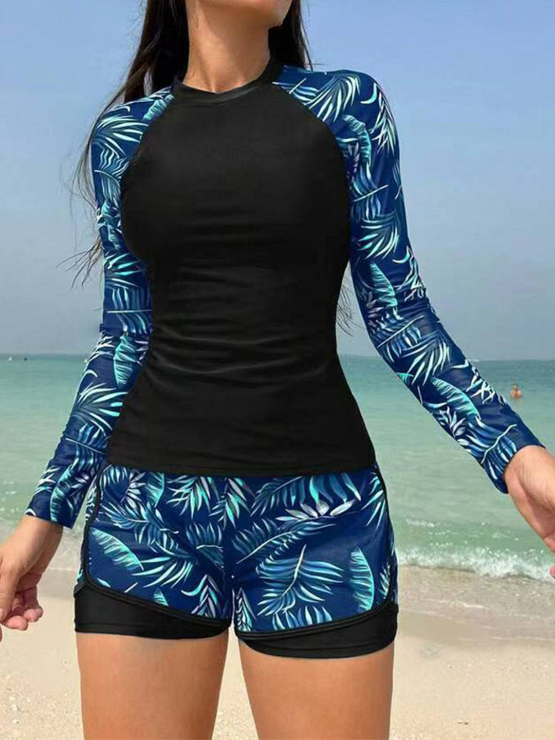 Heidi Mode | Langarm Print Spleißen Doppelhose Tankini Badeanzug