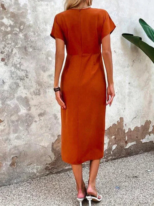 Orangen V-Ausschnitt Midi-Kleid