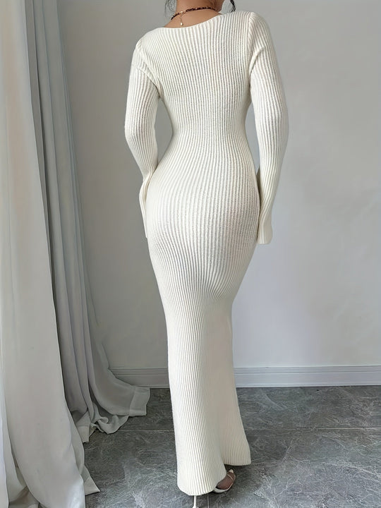 Heidi-Mode | Pulloverkleid mit Blumenapplikation für Damen – Polyesterstrickstoff, U-Ausschnitt, einfarbig, lange Ärmel, gestricktes Kreuzkonturdesign