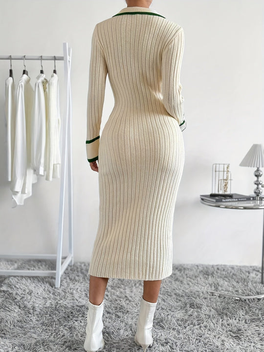 Heidi-Mode | Kontrastierende Verzierung und Knopfleiste Vorne, Elegantes, Schmales Kleid mit Langem Kragen für Frühling und Herbst, Damenbekleidung