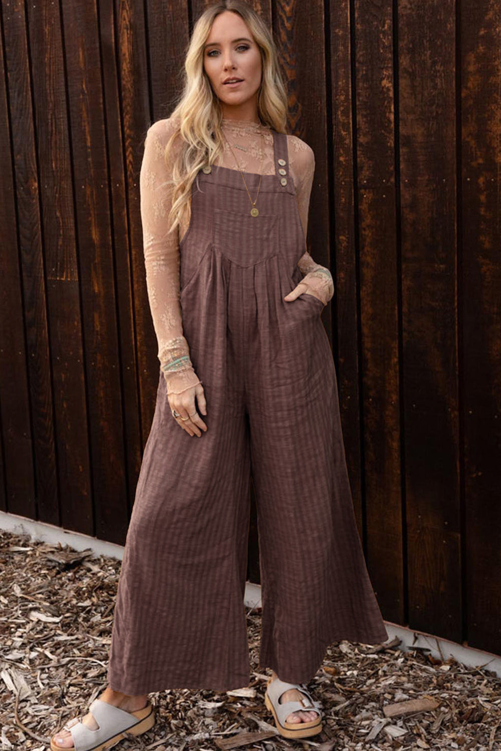 Heidi-Mode | Textured Button Width Leg Shape Overalls