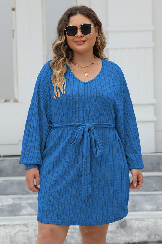 Heidi-Mode | Plus Size Rippstrick Knotenfront Langarm Pullover Kleid