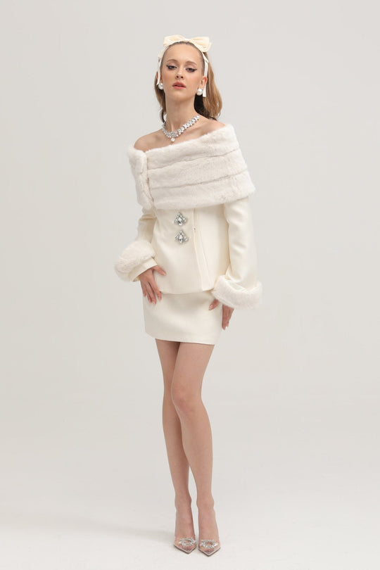Heidi-Mode | Weiße Faux Fur Jacke & Rock Passendes Set
