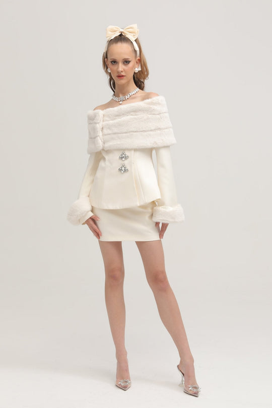 Heidi-Mode | Weiße Faux Fur Jacke & Rock Passendes Set