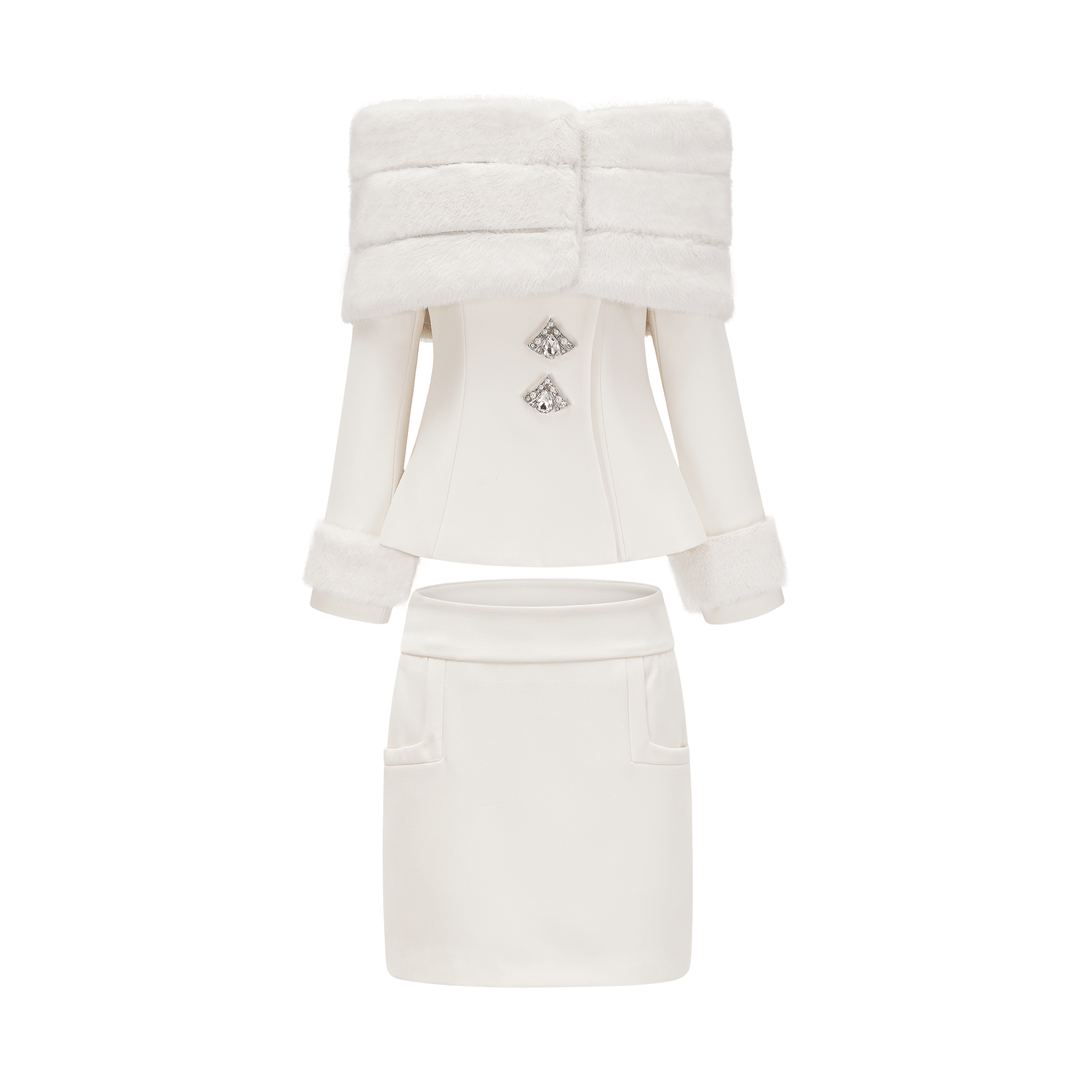 Heidi-Mode | Weiße Faux Fur Jacke & Rock Passendes Set
