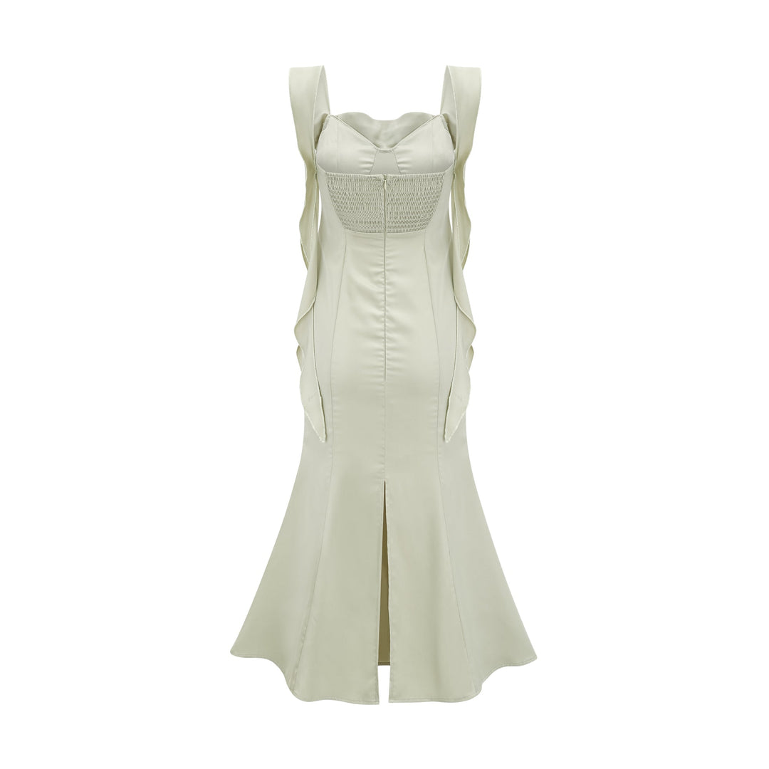 Heidi-Mode | Grüne Satin Midi Kleid mit Bh Polster