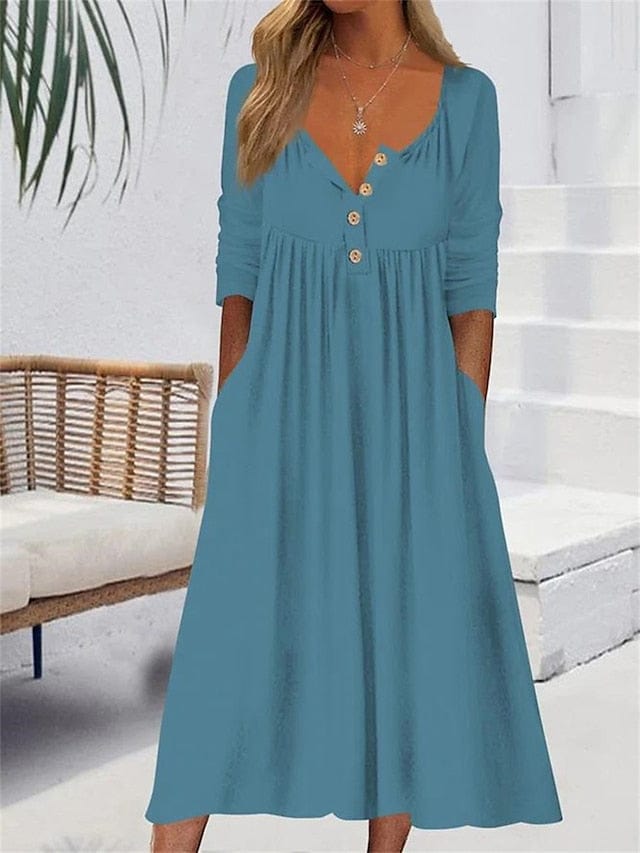 Heidi-Mode | Midi V-Ausschnitt Kleid mit gerüschter Tasche für Frauen