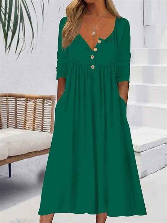 Heidi-Mode | Midi V-Ausschnitt Kleid mit gerüschter Tasche für Frauen