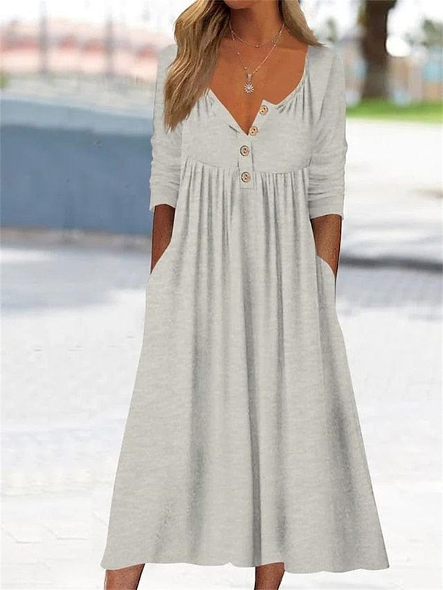 Heidi-Mode | Midi V-Ausschnitt Kleid mit gerüschter Tasche für Frauen