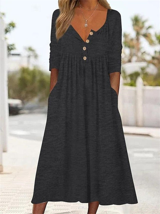 Heidi-Mode | Midi V-Ausschnitt Kleid mit gerüschter Tasche für Frauen