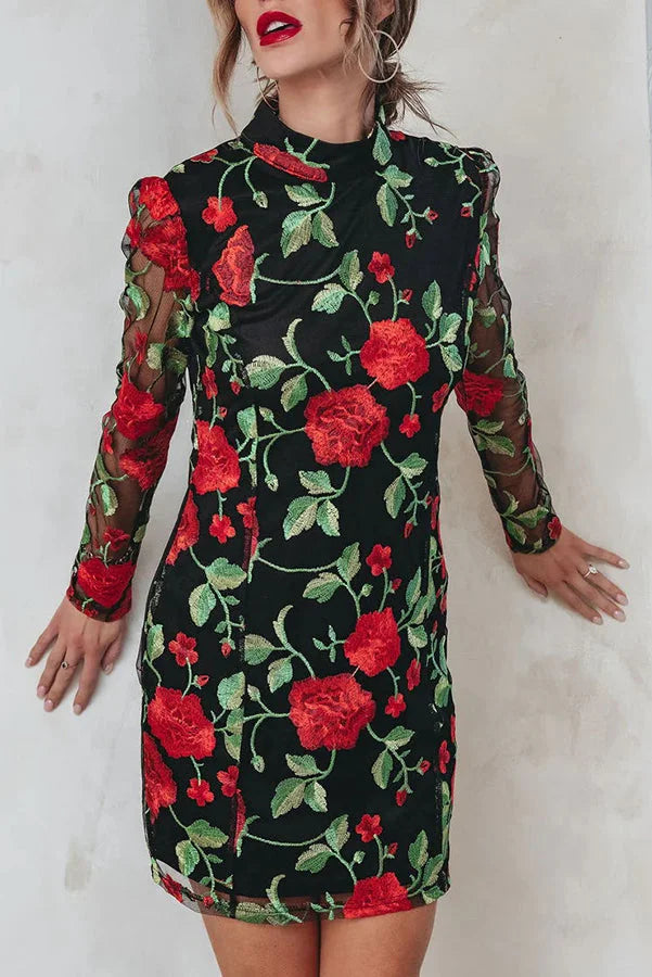 Heidi-Mode | Hallo Schöne Besticktes Floral Mesh Mini Kleid