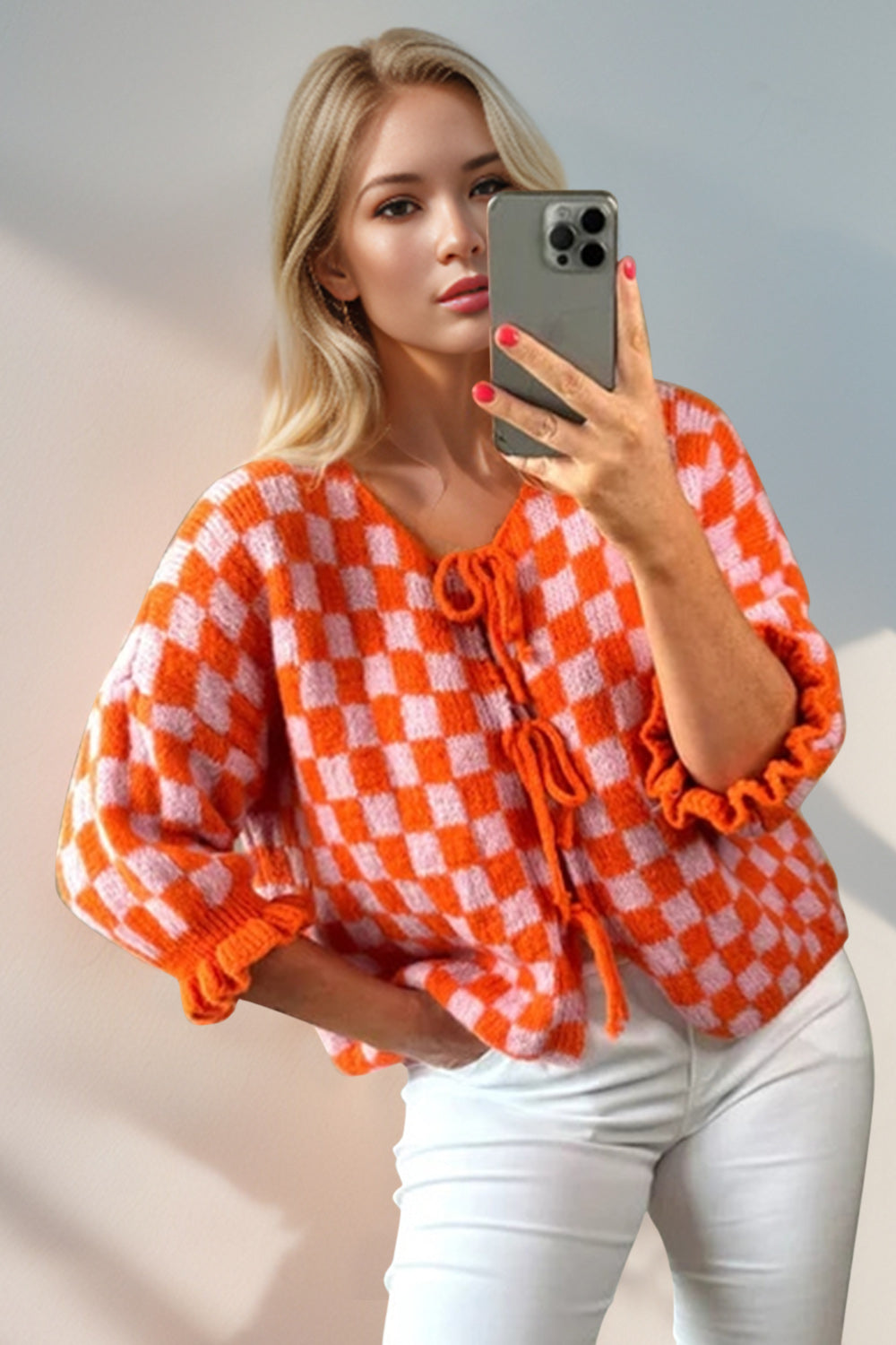 Heidi-Mode | Double Take Gebunden Karierter Fall Schulter Volant Ärmel Strickjacke