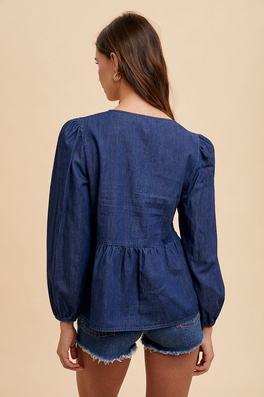 Heidi-Mode | Annie Wear Krawatte vorne Peplum Langarm Denim Top