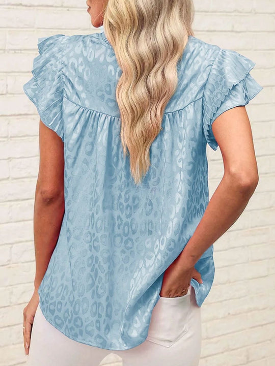 Heidi-Mode | Leopard Frill Mock Neck Rüschenshirt mit Cap Sleeves