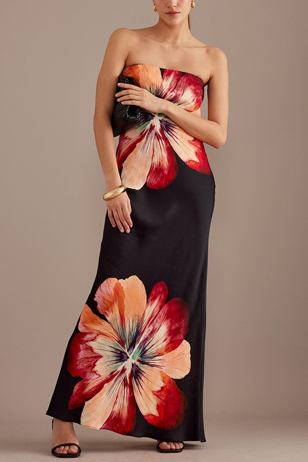 Heidi-Mode | Charmante Damen Satin Floral Print Bandeau Lockere Maxi Kleid