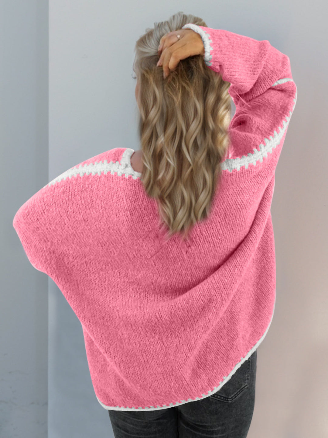 Heidi-Mode | Double Take Kontrast Offene Vorderseite Herunterfallende Schulter Strickjacke
