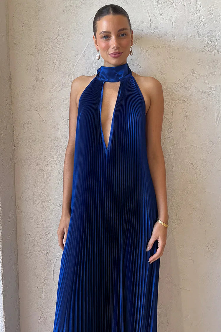 Heidi-Mode | Halter Tied Up Cutout Neck Pleated Backless Asymmetrischer Saum Hochzeitsgast Maxi Kleider