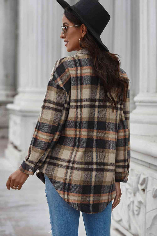 Heidi-Mode | Karo Kurviger Saum Fallende Schulter Langarmhemd Jacke