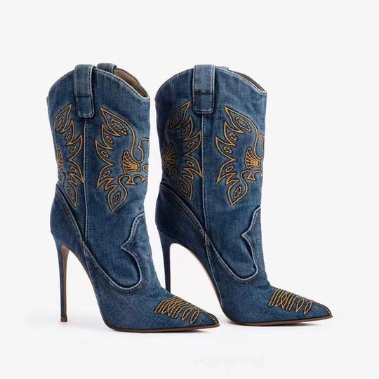 Heidi-Mode | Damenmode Western Denim Stil High Heels Stiefel