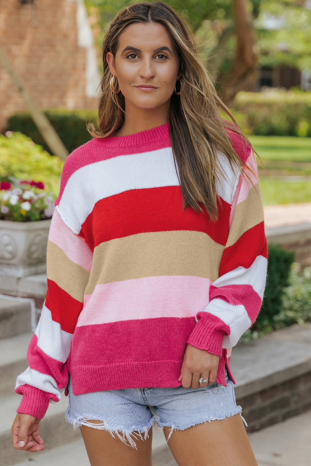 Roter Mix Horizon Stripes Pullover Mit Dolman-Ärmeln