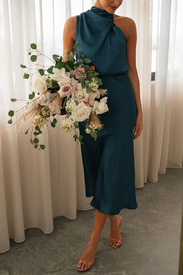 Heidi-Mode | Perfectly Yours Hoher Hals Satin Drapiert Maxi Kleid
