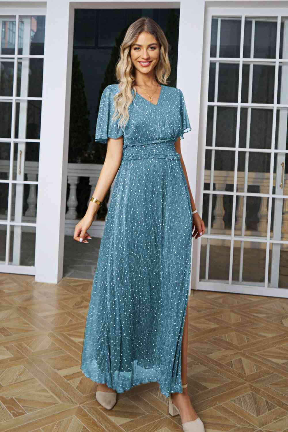 Heidi-Mode | V-Ausschnitt Hohe Spalte Glitzer Maxi Kleid