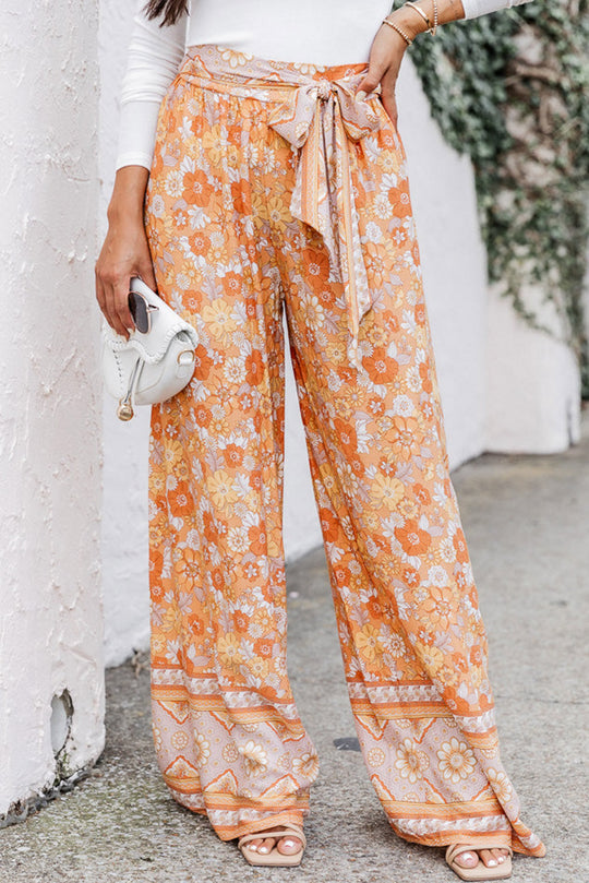 Orange Krawatte Taille Boho Floral Wide Leg Hose