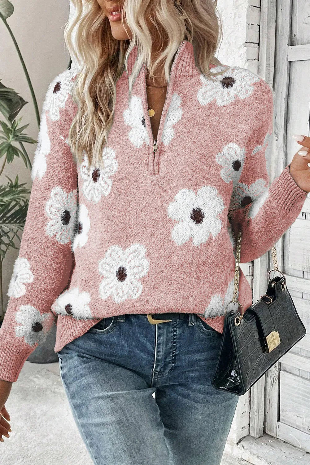 Heidi-Mode | Blumen Halb-Zip Winterpullover