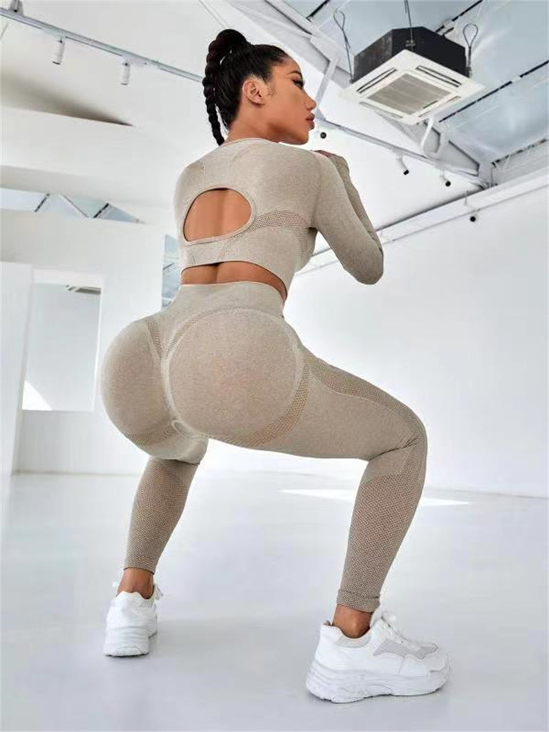 Heidi-Mode | 2-Teiliges Sportbekleidung-Set mit Langarm, Durchbrochendem Design und Hochtaillierten, Nahtlosen Fitness-Leggings