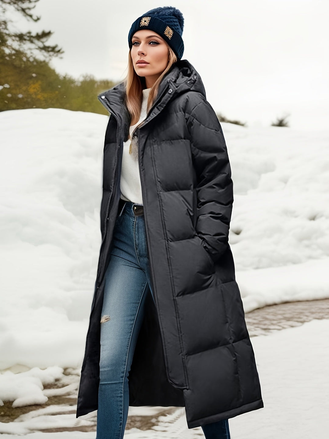 Heidi-Mode | Stylischer Puffer langer Wintermantel mit Kapuze und Polsterung perfekt für Outdoor-Aktivitäten